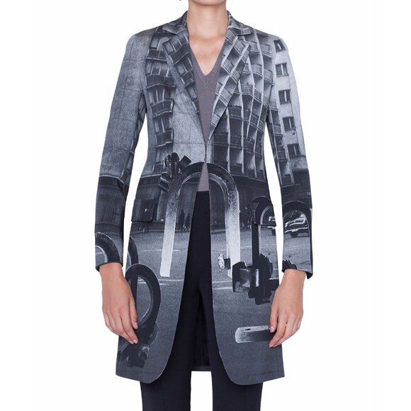 Akris Bloom Magnet Photo Print Jacket Silk Blazer Apartment Building Gray 8 - Picture 1 of 16